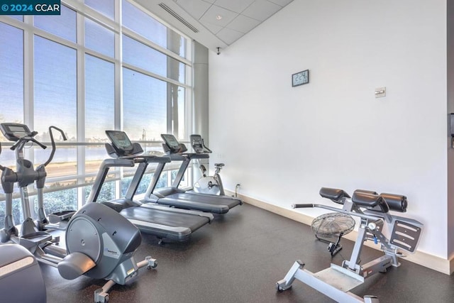 workout area with a high ceiling