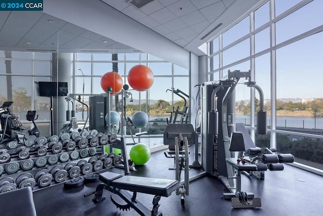 workout area with floor to ceiling windows, a water view, and a towering ceiling