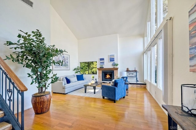 living room with light hardwood / wood-style flooring and a high ceiling