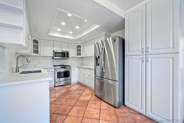 kitchen with white cabinetry, appliances with stainless steel finishes, a tray ceiling, and sink