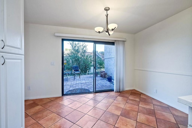 unfurnished dining area with light tile patterned flooring and an inviting chandelier