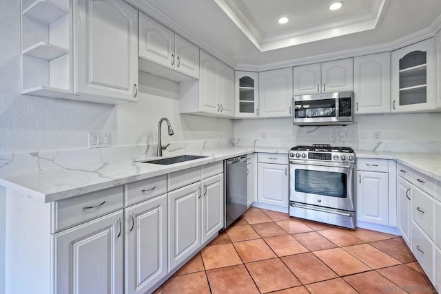 kitchen featuring sink, white cabinetry, stainless steel appliances, light stone counters, and a tray ceiling