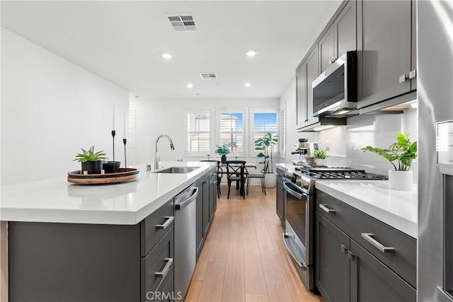 kitchen with sink, an island with sink, stainless steel appliances, and light hardwood / wood-style floors