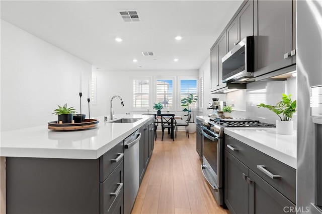 kitchen with stainless steel appliances, sink, a center island with sink, and light hardwood / wood-style flooring