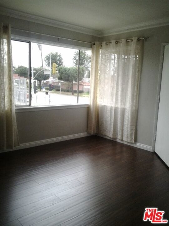 empty room with dark hardwood / wood-style floors and ornamental molding