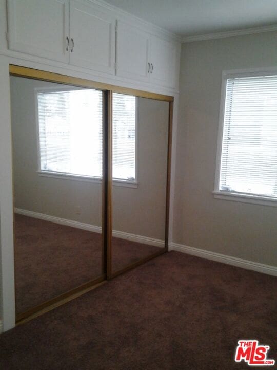 unfurnished bedroom with crown molding, multiple windows, and a closet