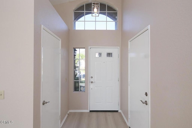 foyer with light hardwood / wood-style flooring and a towering ceiling