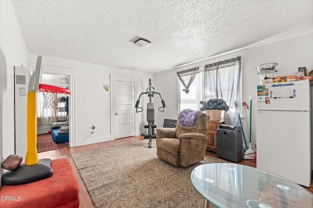 living room featuring wood-type flooring, a textured ceiling, and ornamental molding