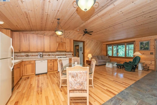 kitchen with wood walls, white appliances, lofted ceiling, and wood ceiling