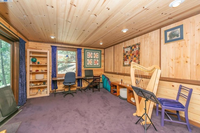 office featuring wood walls, wooden ceiling, and dark colored carpet