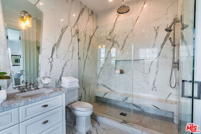 bathroom with vanity, toilet, and walk in shower