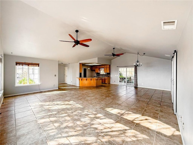 35777 Rd 606, Raymond, CA 93653 - unfurnished living room featuring vaulted ceiling, a ceiling fan, and baseboards