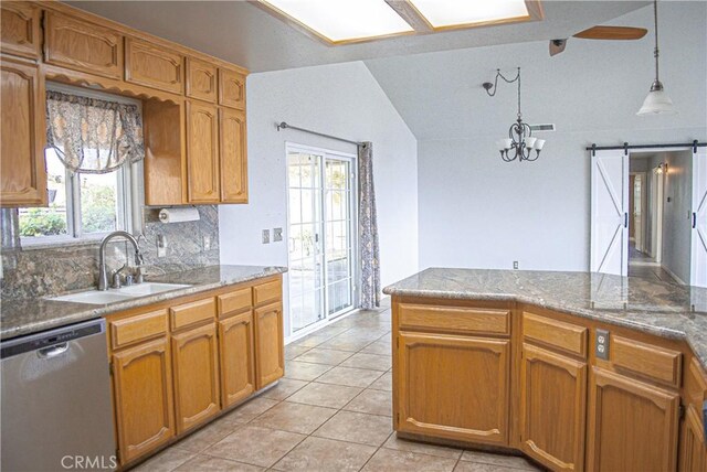 35777 Rd 606, Raymond, CA 93653 - kitchen featuring dishwasher, a sink, pendant lighting, tasteful backsplash, and brown cabinets