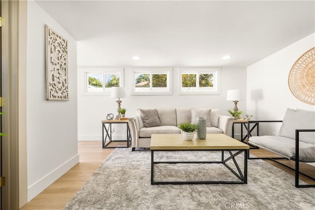 living room featuring a wealth of natural light and light hardwood / wood-style flooring