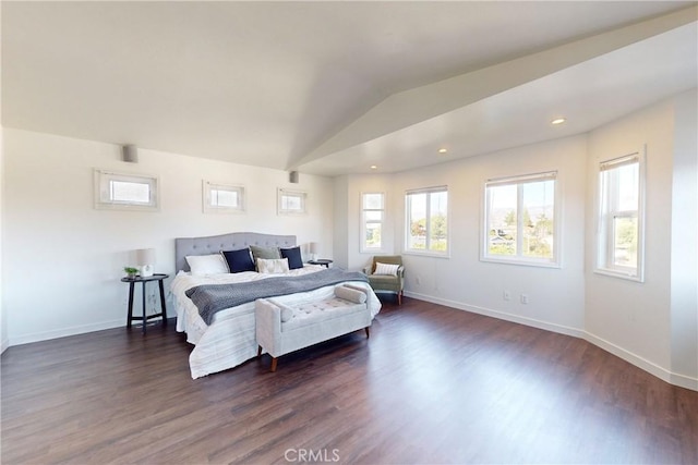 bedroom featuring lofted ceiling and dark hardwood / wood-style flooring