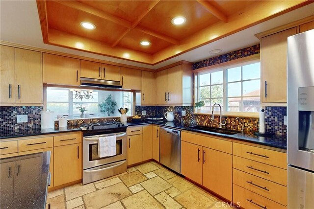 kitchen with a tray ceiling, sink, light brown cabinets, and stainless steel appliances