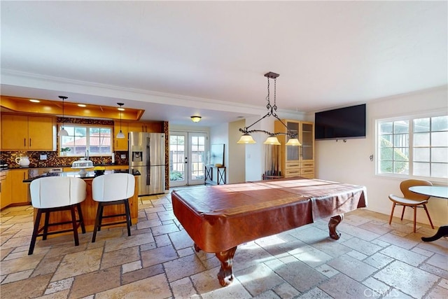 rec room with french doors and billiards