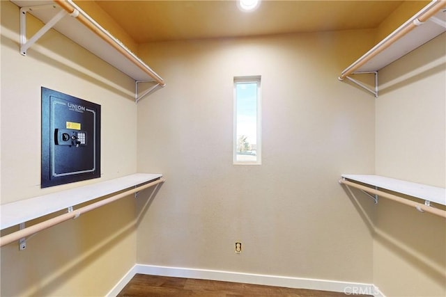 walk in closet with hardwood / wood-style floors