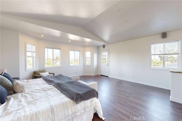 bedroom featuring vaulted ceiling and dark wood-type flooring