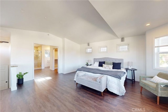 bedroom with lofted ceiling and dark wood-type flooring