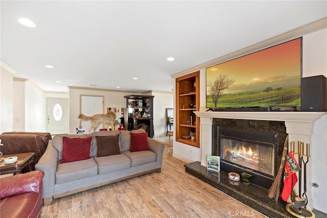 living room with light wood-type flooring, crown molding, and a premium fireplace