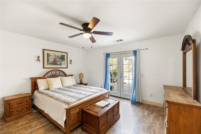 bedroom featuring access to exterior, ceiling fan, french doors, and hardwood / wood-style floors