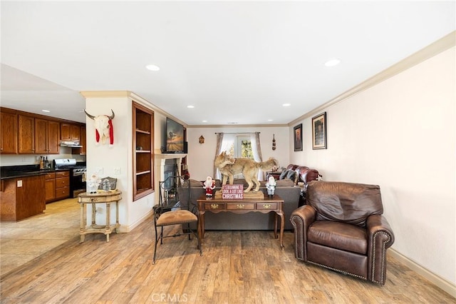 living room with light wood-type flooring and ornamental molding