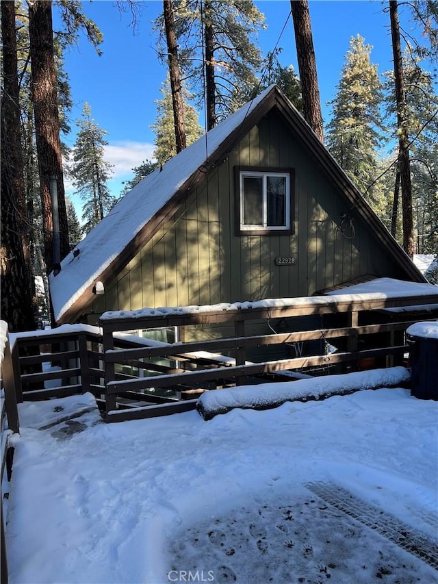 view of snow covered exterior