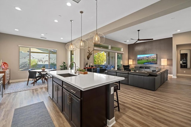 kitchen featuring sink, light hardwood / wood-style flooring, ceiling fan, dark brown cabinetry, and an island with sink