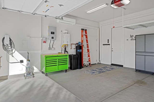 garage with a garage door opener, a wall mounted AC, and tankless water heater