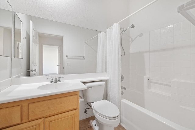 full bathroom with tile patterned flooring, a textured ceiling, toilet, vanity, and shower / tub combo