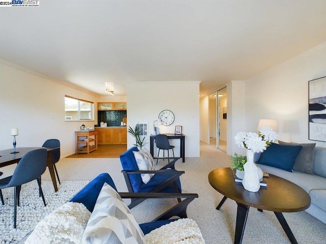 living room with crown molding