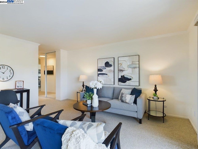 living room featuring light colored carpet and ornamental molding