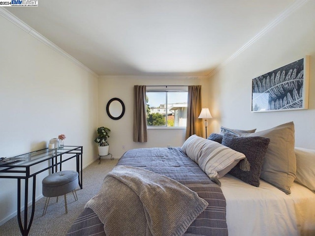 bedroom featuring carpet and ornamental molding