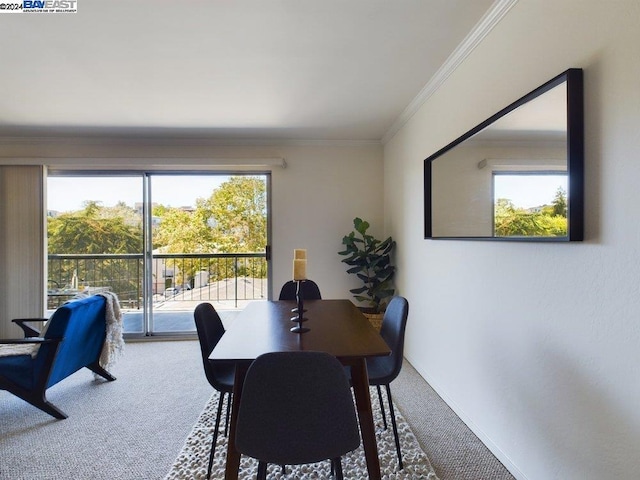 dining area featuring carpet, a healthy amount of sunlight, and ornamental molding