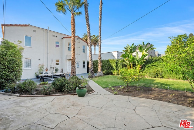 rear view of house featuring a patio and a lawn