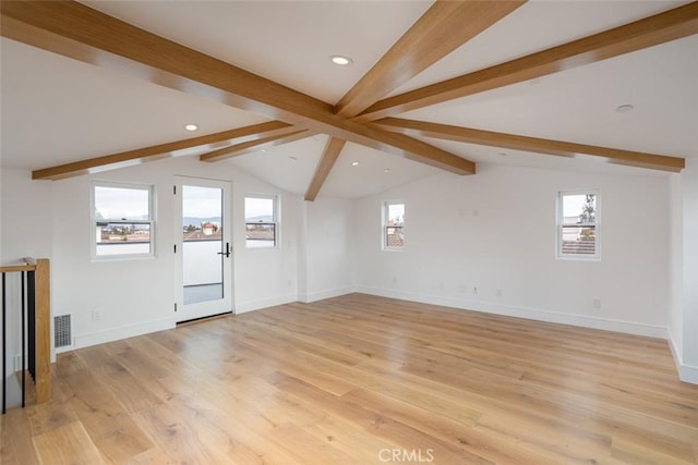 unfurnished living room featuring lofted ceiling with beams and light hardwood / wood-style flooring