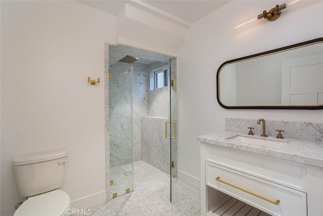 bathroom with tile patterned floors, vanity, toilet, and a shower with door