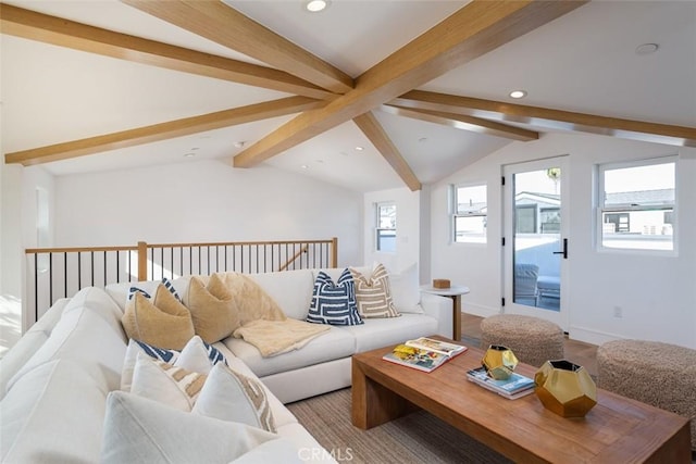 living room featuring lofted ceiling with beams