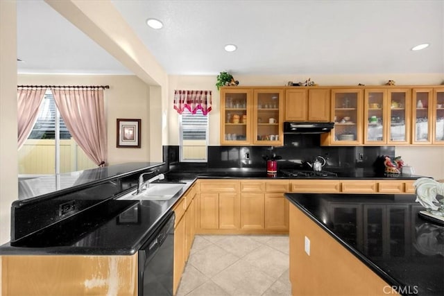 kitchen featuring sink, backsplash, black appliances, light tile patterned flooring, and exhaust hood