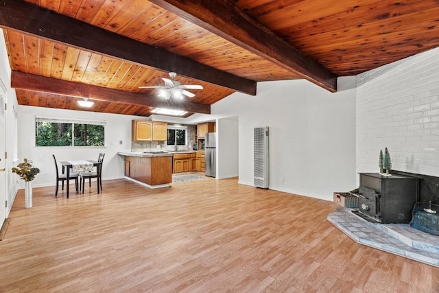 living room with ceiling fan, wooden ceiling, light wood-type flooring, and a wood stove