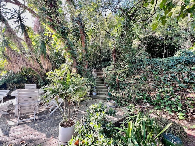 view of yard featuring stairs, a deck, and outdoor dining area