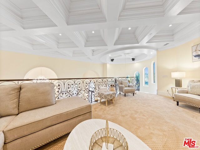 carpeted living room featuring beam ceiling, crown molding, and coffered ceiling