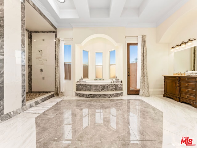 bathroom featuring separate shower and tub, vanity, plenty of natural light, and crown molding