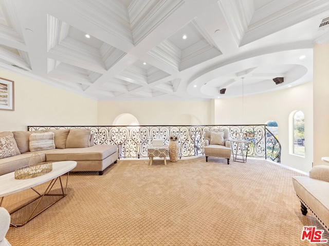 carpeted living room featuring crown molding, coffered ceiling, and beamed ceiling