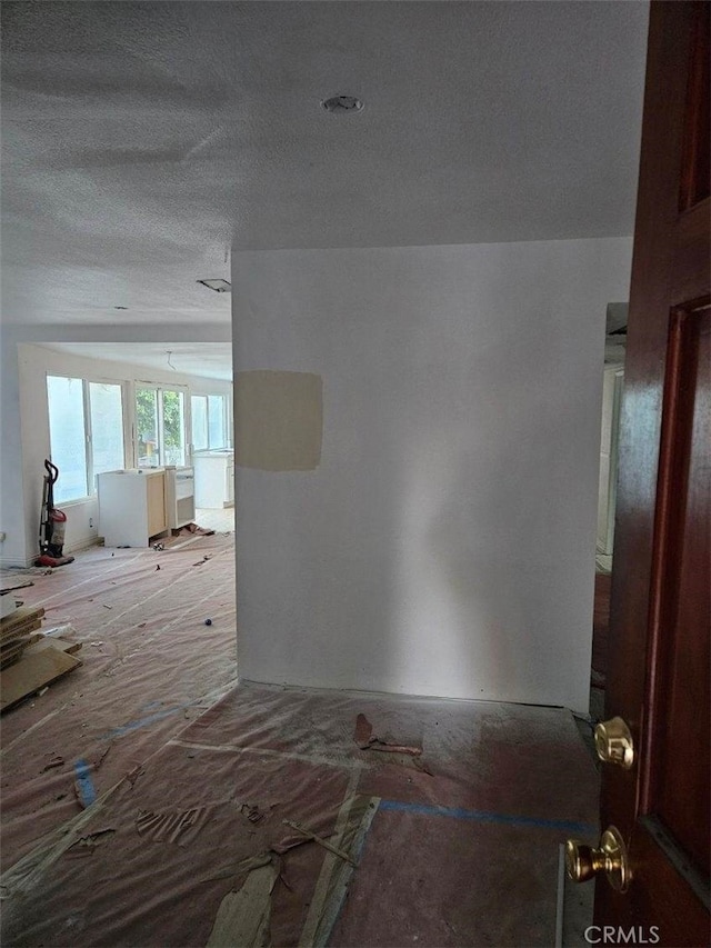 interior space with a textured ceiling and vaulted ceiling