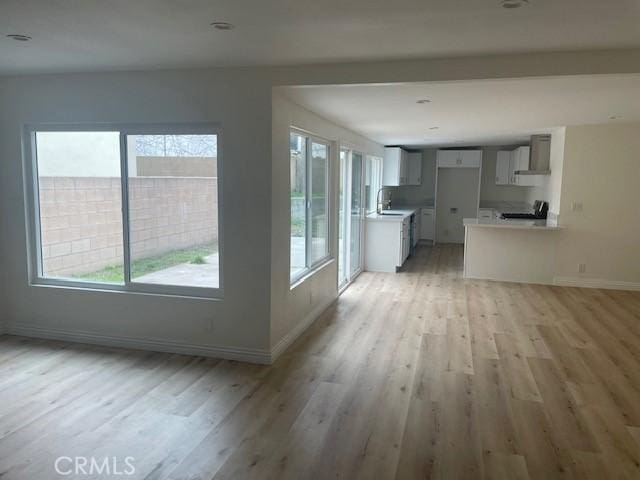 kitchen featuring baseboards, a healthy amount of sunlight, and light wood finished floors