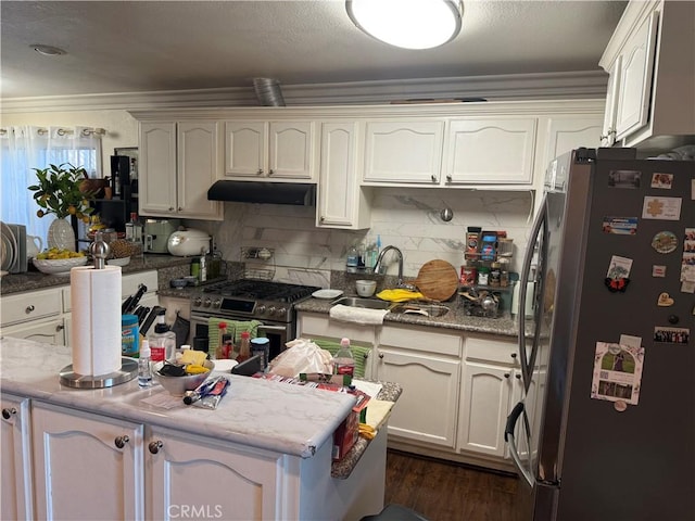 kitchen featuring white cabinets, dark hardwood / wood-style flooring, stainless steel appliances, and sink