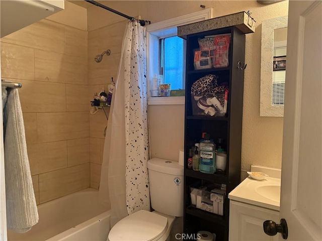 full bathroom featuring vanity, shower / bath combination with curtain, and toilet