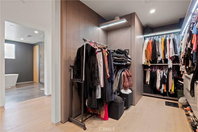 walk in closet with light hardwood / wood-style flooring